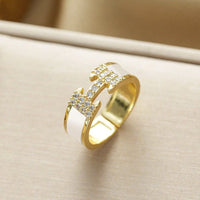 Gold White Enamel CZ Ring