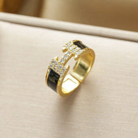 Gold Black Enamel CZ Ring
