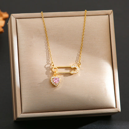 Safety Pin & Heart Zircon Necklace