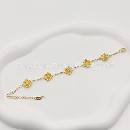 菱形复古设计四叶花双面贝母手链电镀18k真金工艺时尚百搭手饰女