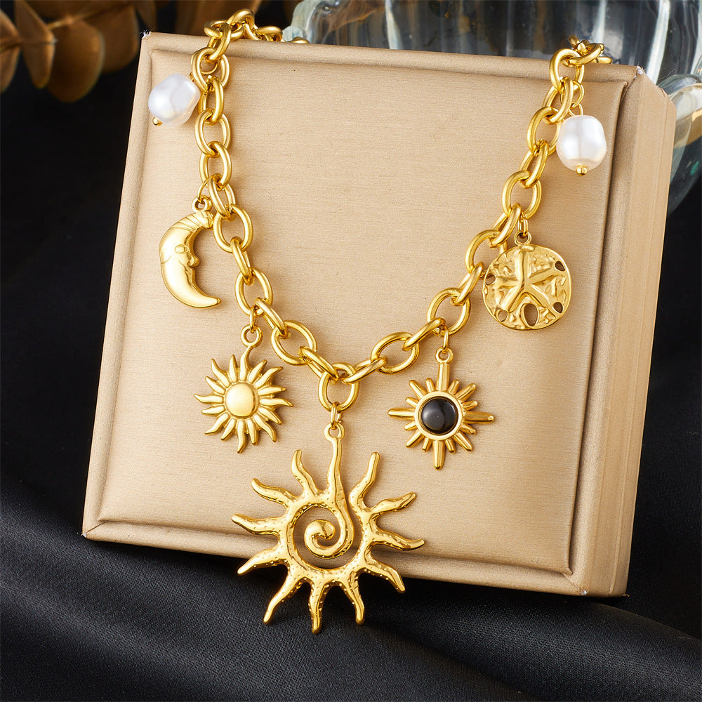 Layered Sunburst & Cross Pendant Necklace