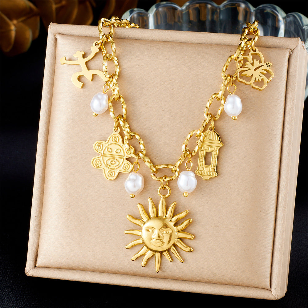 Layered Sunburst & Cross Pendant Necklace