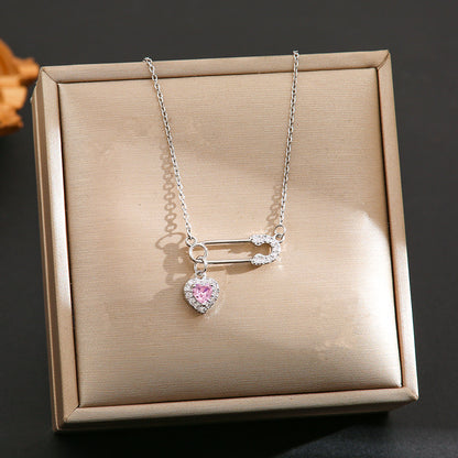 Safety Pin & Heart Zircon Necklace
