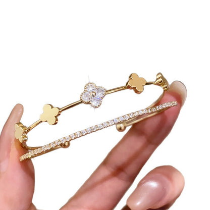 Double-Layer Zircon Flower Cuff Bracelet