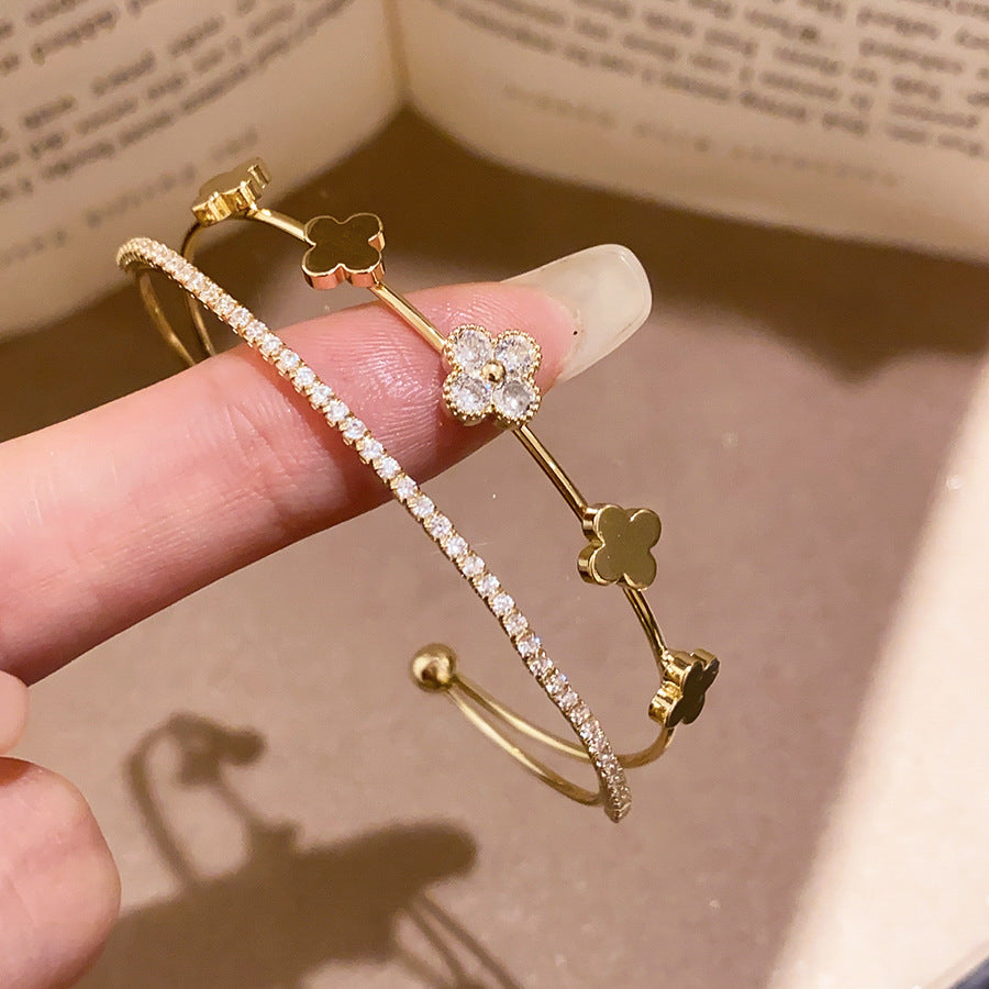 Double-Layer Zircon Flower Cuff Bracelet