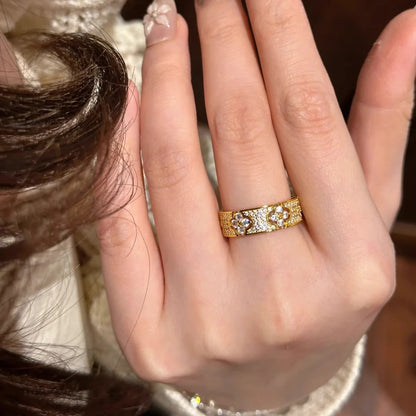 法式老钱风幸运四叶草满天星戒指轻奢镶满钻花朵排戒条戒女