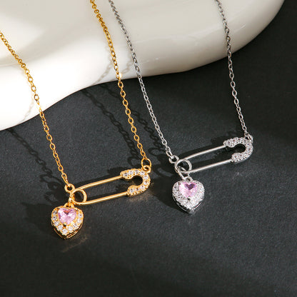 Safety Pin & Heart Zircon Necklace